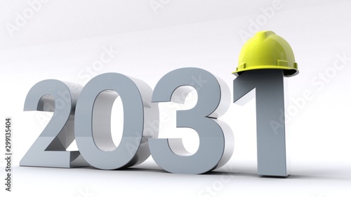 3D illustration of number 2031 wearing a hard helmet