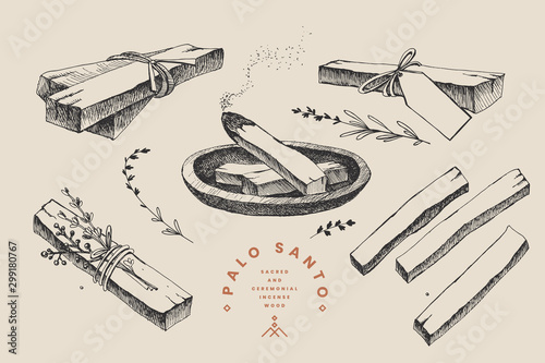 Set of hand-drawn sticks of the sacred Palo Santo tree, steaming with aroma and bandaged with herbs. Latin American incense for meditation. Sacred and ceremonial incense wood. Vector illustration.