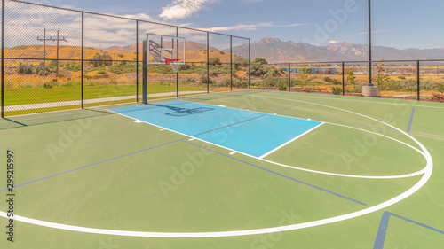 Panorama frame Outdoor green basketball court three point line
