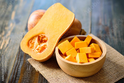 Sliced butternut squash in a bowl for cooking