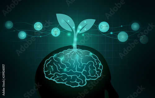 Tree growing out of human brain. Silhouette illustration about the ways to Build a Growth Mindset and good Attitude.