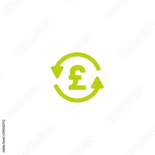 Two green round arrows with green pound sterling sign. Flat icon. Isolated on white.
