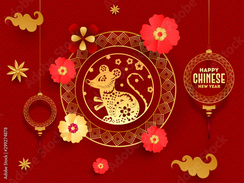 Happy Chinese New Year celebration greeting card design with rat zodiac sign in circle frame and flowers decorated on red seamless circular wave pattern background.