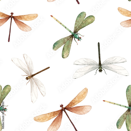 Watercolor vector summer dragonfly insect colourful seamless pattern