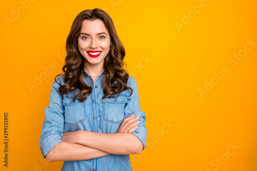 Photo of cheerful positive cute sweet pretty business partner standing confidently with arms crossed smiling toothily isolated over vivid color background