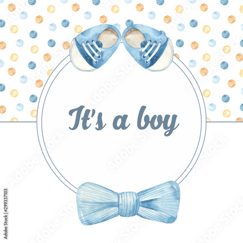 Watercolor round blue frame for cute boy with bow bowtie and boy's boots