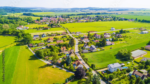 Aerial view of village in countryside. Stahlavice in west Bohemia, Czech republic, European union.