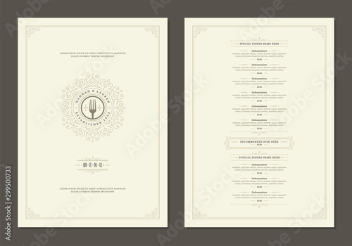 Menu design template with cover and restaurant vintage logo vector brochure.