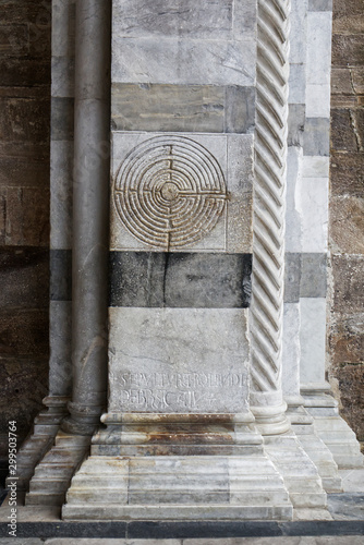 Column of Duomo di San Martino (St Martin Cathedral) in Lucca, Italy.