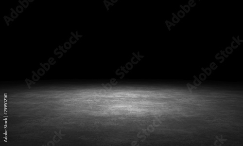 Black background with spotlight to stone ground. Dark interior background. 3D rendering