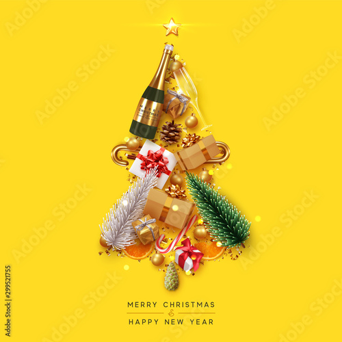 Merry Christmas and Happy New Year. Xmas Festive background with realistic objects. Composition shape christmas tree. Holiday elements, 3d render and realism. Greeting card, banner, web poster.