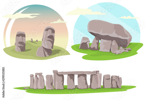 Famous travel locations, Stonehenge, Easter island and Brownshill dolmen