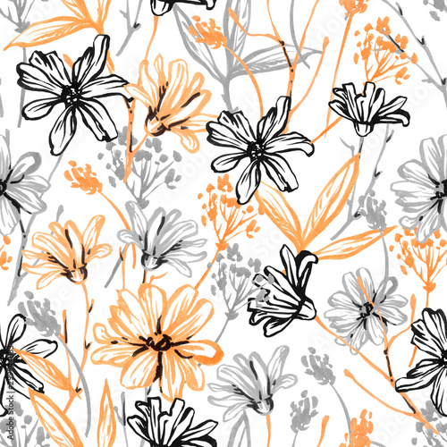 Illustration of graphic flowers and leaves. Handmade. Seamless pattern for wallpaper and fabric design.
