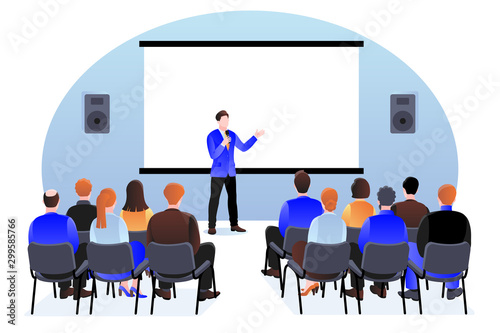 People at the seminar, presentation, conference. Vector illustration. Business training, coaching and education concept