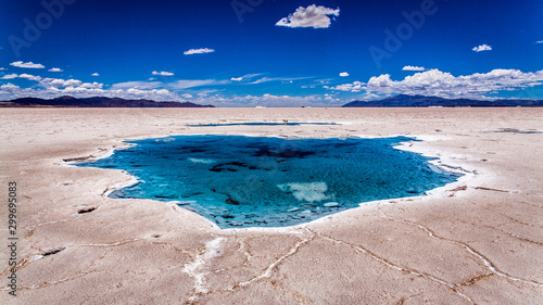 Salty water puddles on the salt flat of Salta, Argentina