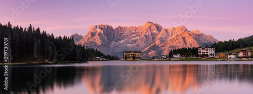 Wide Panoramic Imege of Lake Misurina at Beautiful Sunrise, Dolomites, Italy