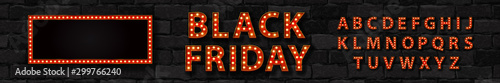 Vector realistic isolated marquee sign of Black Friday logo with broadway frame and light bulb font for template decoration and covering on the wall background.