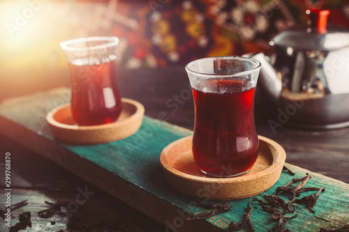fruit turkish tea on wooden table