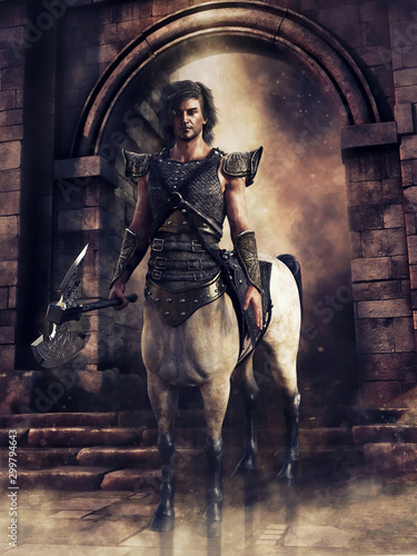 Fantasy centaur warrior standing with a battle axe in front of a castle gate. 3D render. The model and other elements in the image are all 3D objects.