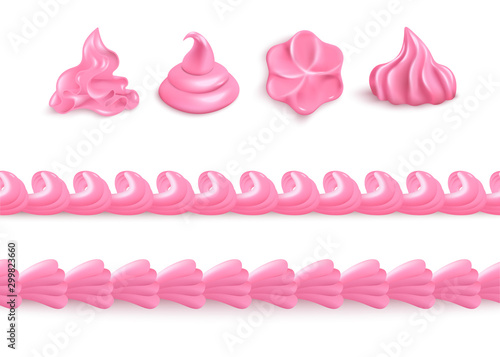 Pink whipped cream set - isolated cake icing toppings with different shapes