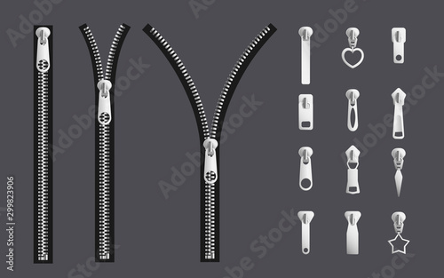 Opening and closed zipper and its parts - silver metal fabric fastener