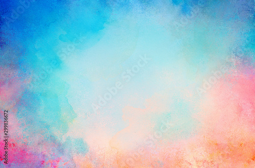 blue watercolor paint background design with colorful orange pink borders and bright center, watercolor bleed and fringe with vibrant distressed grunge texture