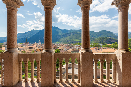 TRENTO, ITALY - JULY 19, 2019 - The Buonconsiglio Castle is the most important castle in Trentino. Loggia Veneziana and a view of the historical centre