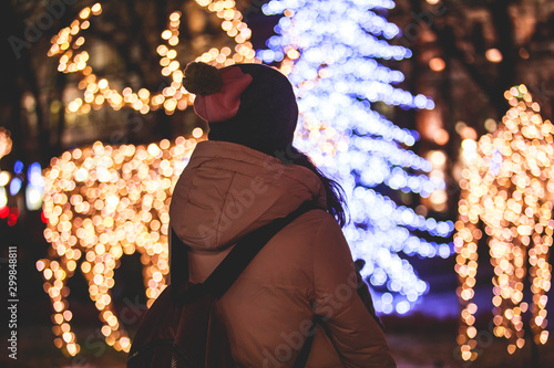 Christmas decorations in the historical center streets of Helsinki, with evening light illumination, concept of Christmas in Finland, with Cathedral, market square, christmas tree