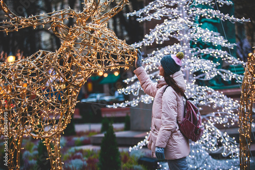 Christmas decorations in the historical center streets of Helsinki, with evening light illumination, concept of Christmas in Finland, with Cathedral, market square, christmas tree