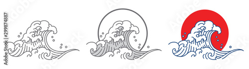 Japan great ocean wave and sun set vector illustration.