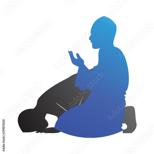 Silhouette of people who prostrate and pray, surrender to God the Creator, a symbol of faith and piety, remembrance, prostration and worship - Vector