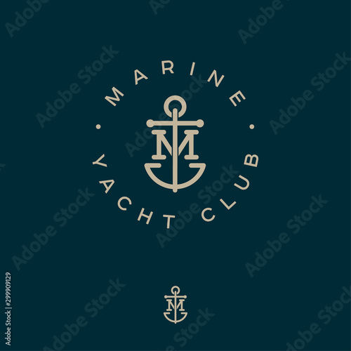 M monogram. Marine logotype. Logo of yacht club, maritime emblem. Crossed letter M and anchor into a circle.