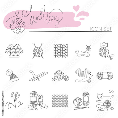 Knitting and crochet line icon set. Knitting needle, hook, hat, sweater, pattern, wool skeins, scissors and cat. Linear signs vector set and logos for yarn or tailor hand made store.