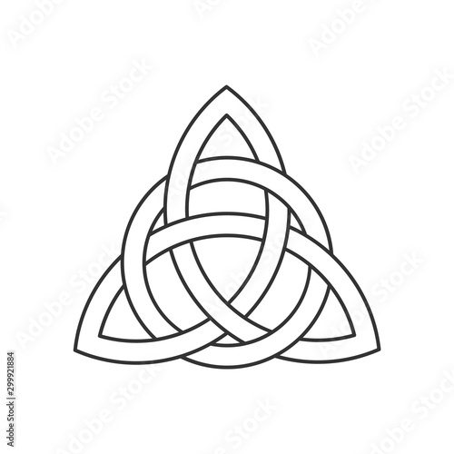 Linear Celtic trinity knot. Triquetra symbol interlaced with circle. Ancient ornament symbolizing eternity. Infinite loop sign interlocking with circle. Interconnected loops make trefoil. Vector. 