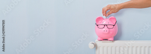 Person Inserting The Coin In Piggybank Over The Radiator