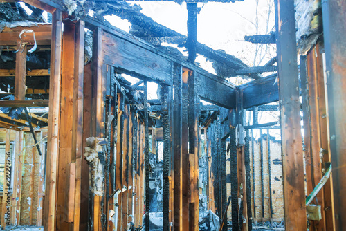 Burnt black house after fire damaged interior details arson from a home