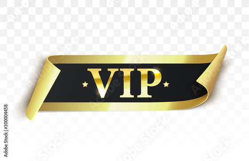Vip label, badge or tag. Vector black banner with gold vip text. Vector illustration
