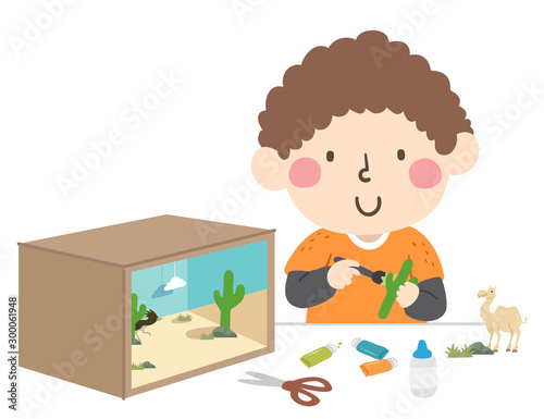 Boy Make Desert Ecosystem Diorama Illustration