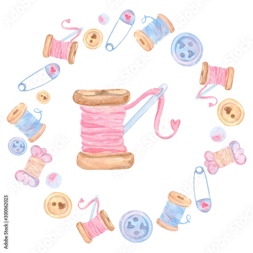 Pins, threads, buttons. Round frame. Cute watercolor cartoon. Female needlework. Sewing tools isolated on a white background.