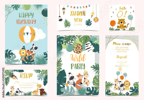 Collection of safari background set with giraffe,balloon,zebra,leopard.Vector illustration for birthday invitation,postcard and sticker.Wording include wild party.Editable element