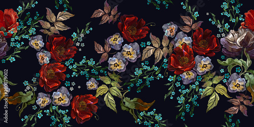 Embroidery red roses, violet flowers and meadow herbs, horizontal seamless pattern. Floral coloful fashion template for clothes, textiles, t-shirt design
