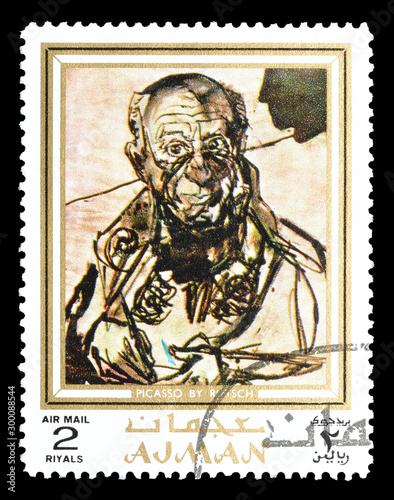 Cancelled postage stamp printed by Ajman state, that shows Painting Picasso by Alexander Rutsch, circa 1972.