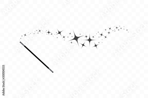 Magic wand with a stars. Trace of black dust. Magic abstract background isolated on on transparent background. Miracle and magic. Vector illustration flat design.
