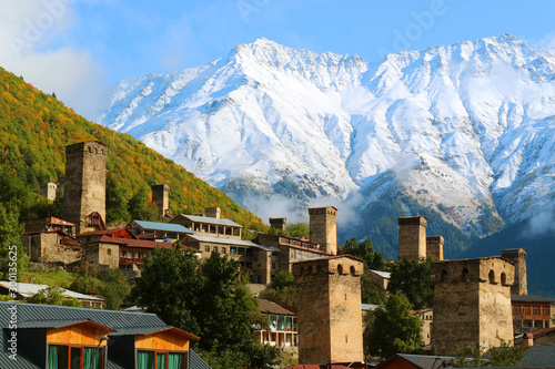 Stunning View of Medieval Svan Tower-houses against the Snow-capped Caucasus Mountain in Mestia, Svaneti Region of Georgia