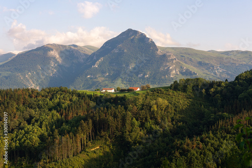 Panorama of Goierri from Baliarrain village with Txindoki mountain as background, Basque Country, Spain