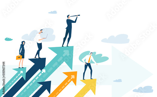 Successful businessman standing on the arrow, which pointing up as symbol of achievement, success and developing business in successful way. Businessman looking forward with the telescope.