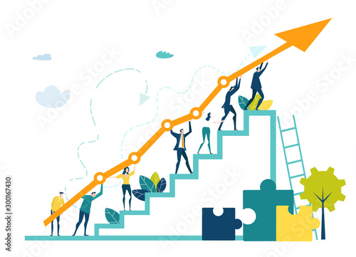 Business people walking up at the stars with arrow, which shows the growth up, success and financial developing. Business concept illustration