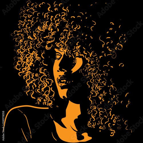 African pretty woman with afro hair style portrait silhouette in contrast backlight. Vector.