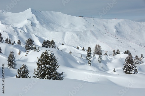 View of the ski slopes of Paradiski resort in France