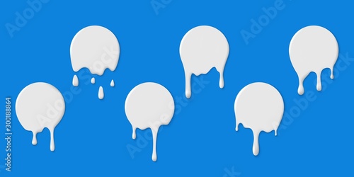 Milk labels with drips. Milkshake melt circle stickers with drops. White paint blobs, yogurt dessert dripping fluid splashes vector set